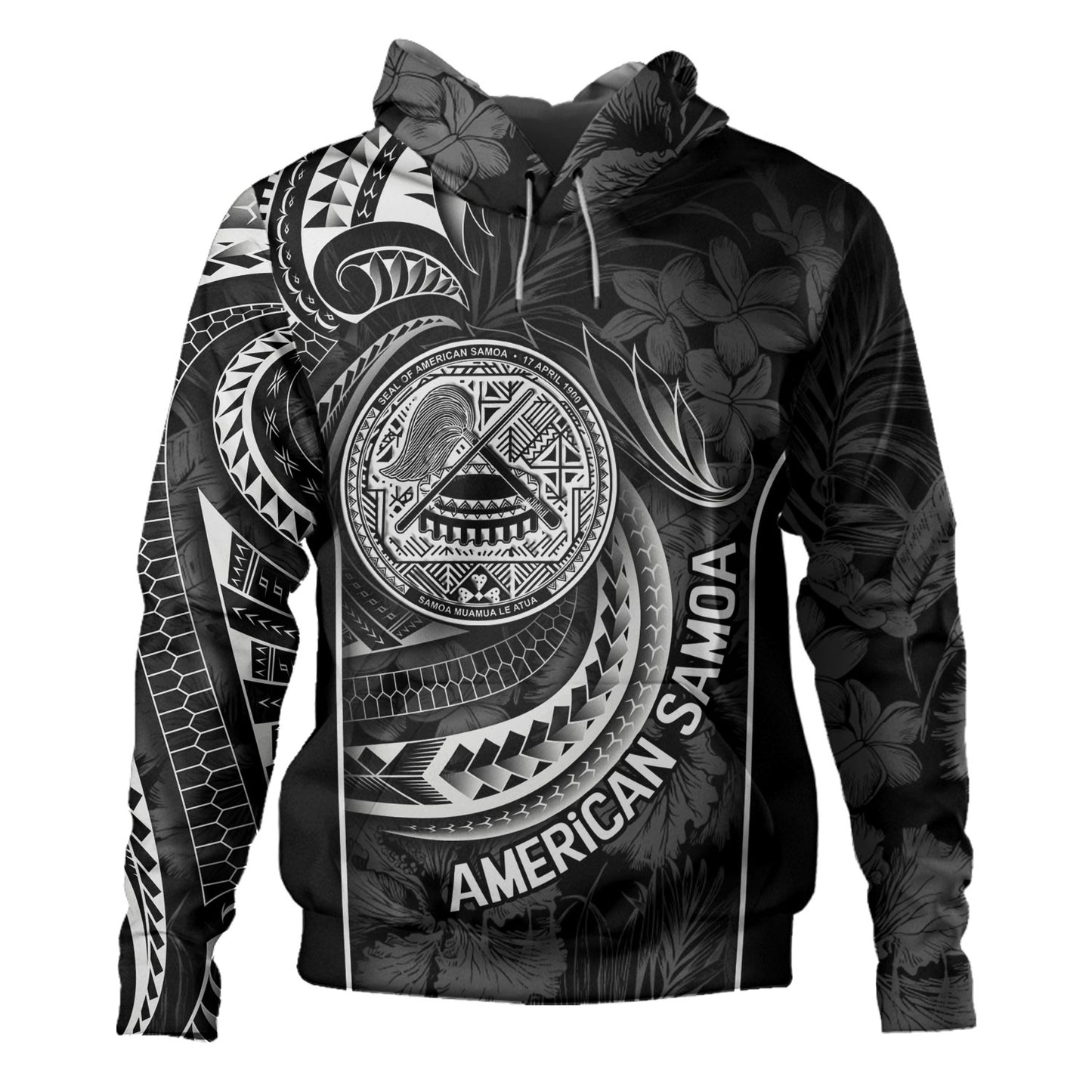 American Samoa Custom Personalised Hoodie Seal Tribal Patterns Tropical Flowers Curve Style