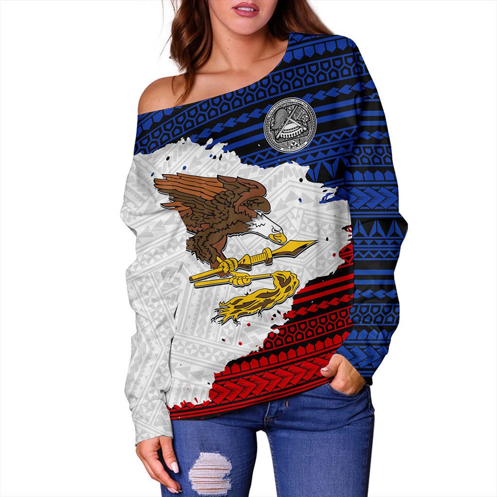 American Samoa Off Shoulder Sweatshirt Eagles Flag Grunge Style