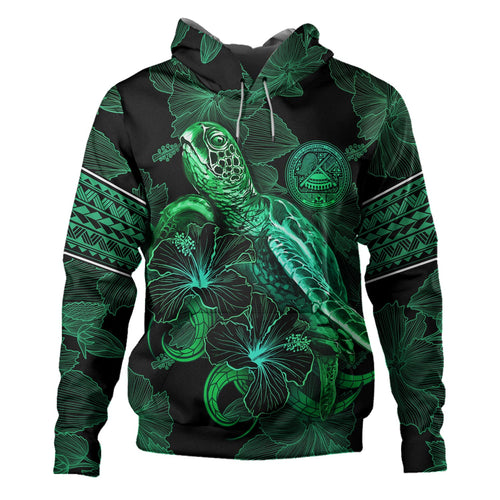 American Samoa Hoodie  Sea Turtle With Blooming Hibiscus Flowers Tribal Green