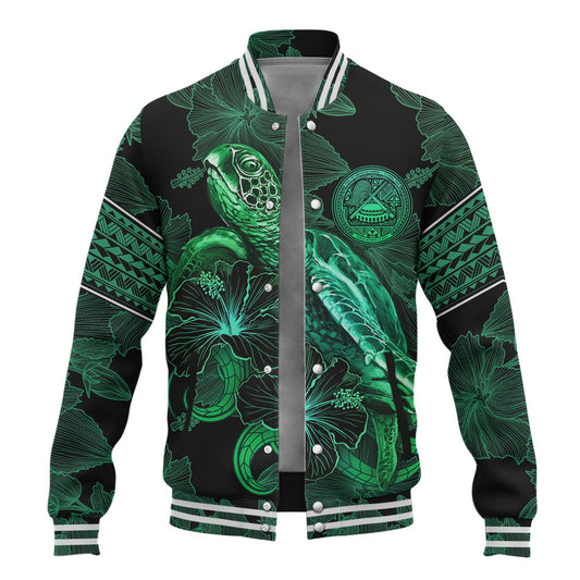 American Samoa Baseball Jacket  Sea Turtle With Blooming Hibiscus Flowers Tribal Green