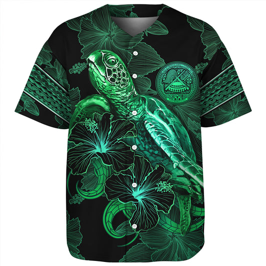 American Samoa Baseball Shirt  Sea Turtle With Blooming Hibiscus Flowers Tribal Green