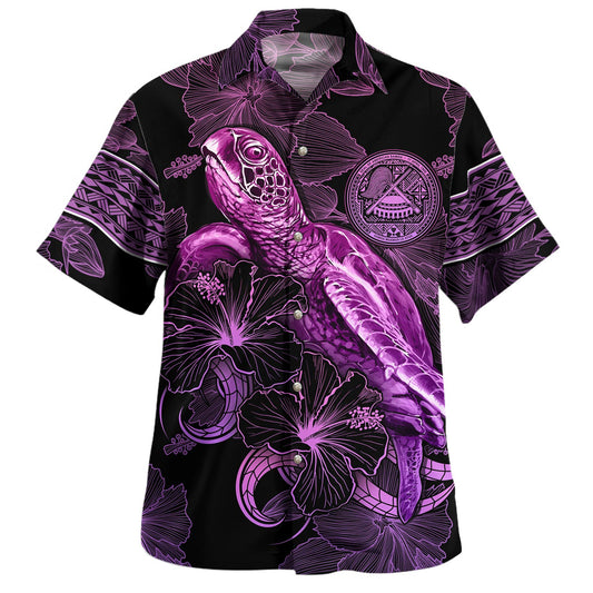 American Samoa Hawaiian Shirt Sea Turtle With Blooming Hibiscus Flowers Tribal Purple