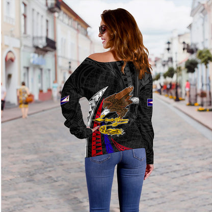 American Samoa Off Shoulder Sweatshirt Polynesia Tribal Wave