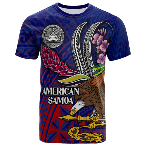 American Samoa T-Shirt - Custom Seal With National Flowers Polynesian Patterns