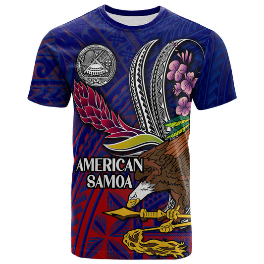 American Samoa T-Shirt - Custom Seal With National Flowers Polynesian Patterns