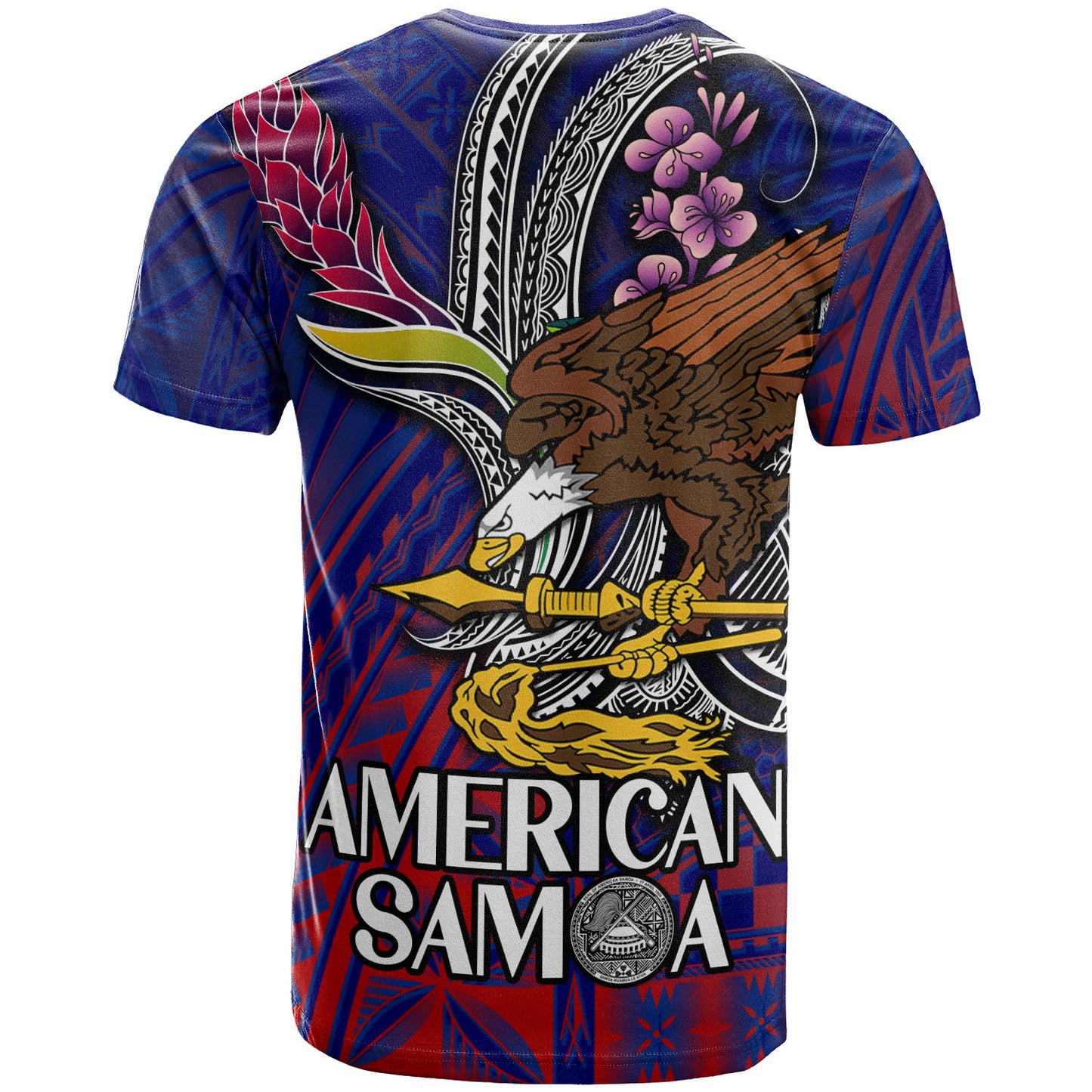 American Samoa T-Shirt - Custom Seal With National Flowers Polynesian Patterns