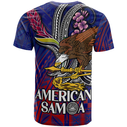 American Samoa T-Shirt - Custom Seal With National Flowers Polynesian Patterns