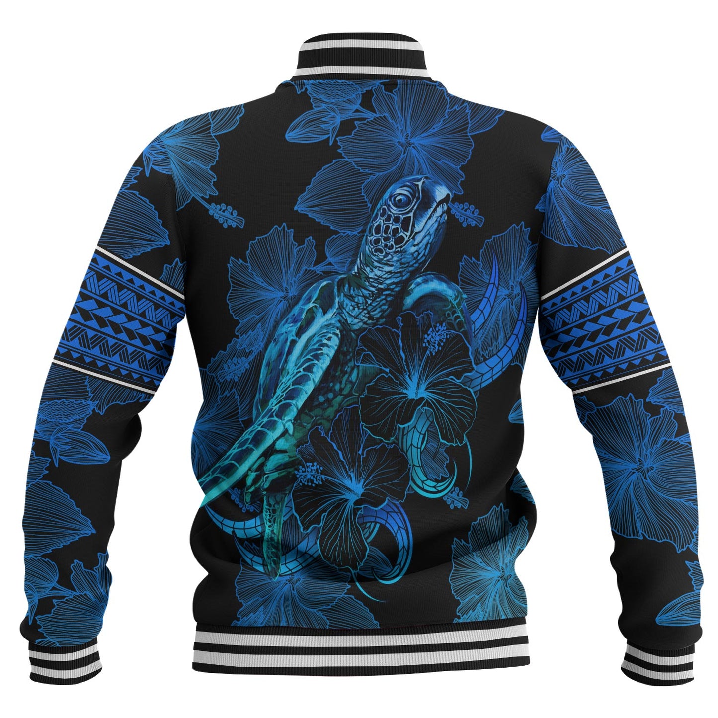 American Samoa Baseball Jacket Sea Turtle With Blooming Hibiscus Flowers Tribal Blue