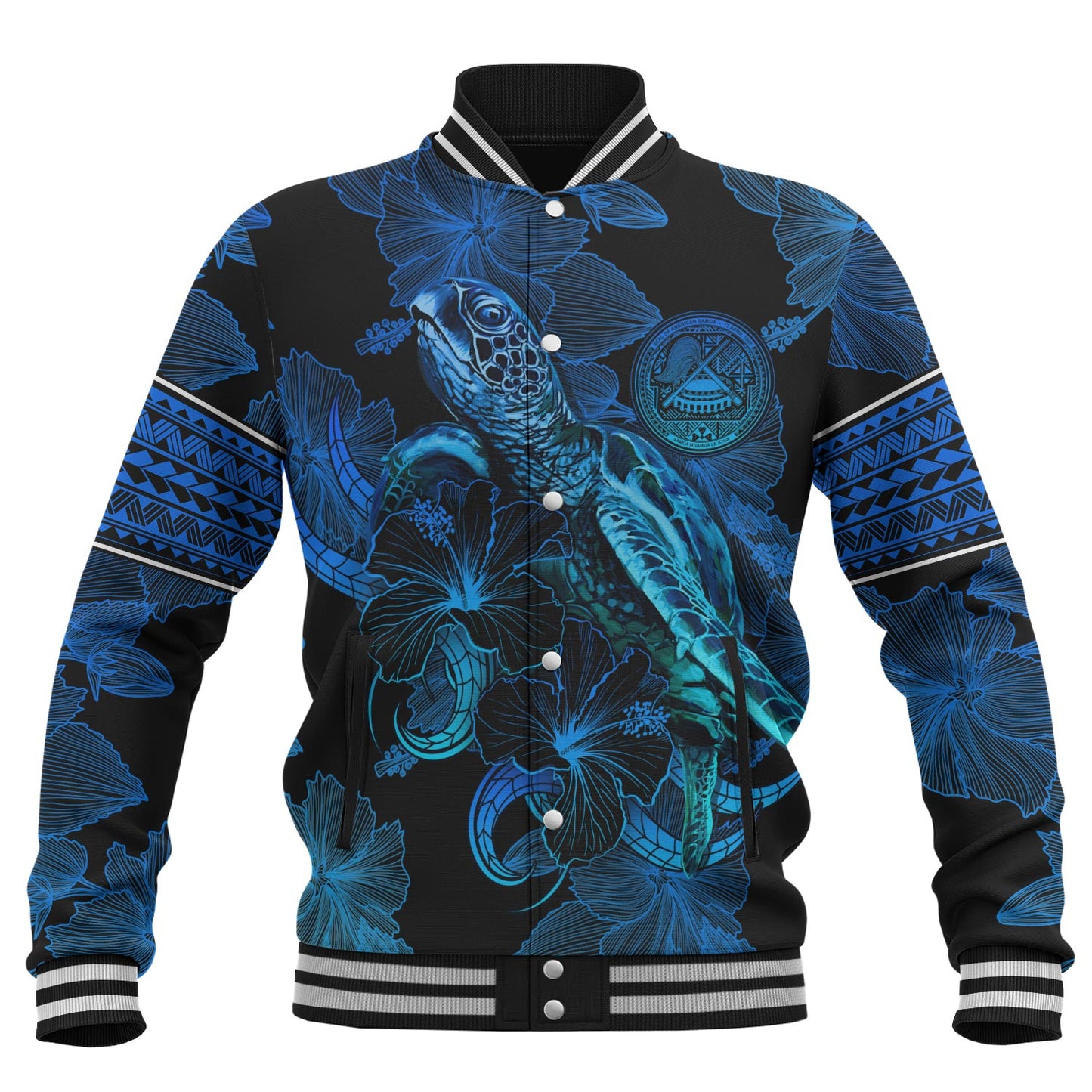 American Samoa Baseball Jacket Sea Turtle With Blooming Hibiscus Flowers Tribal Blue