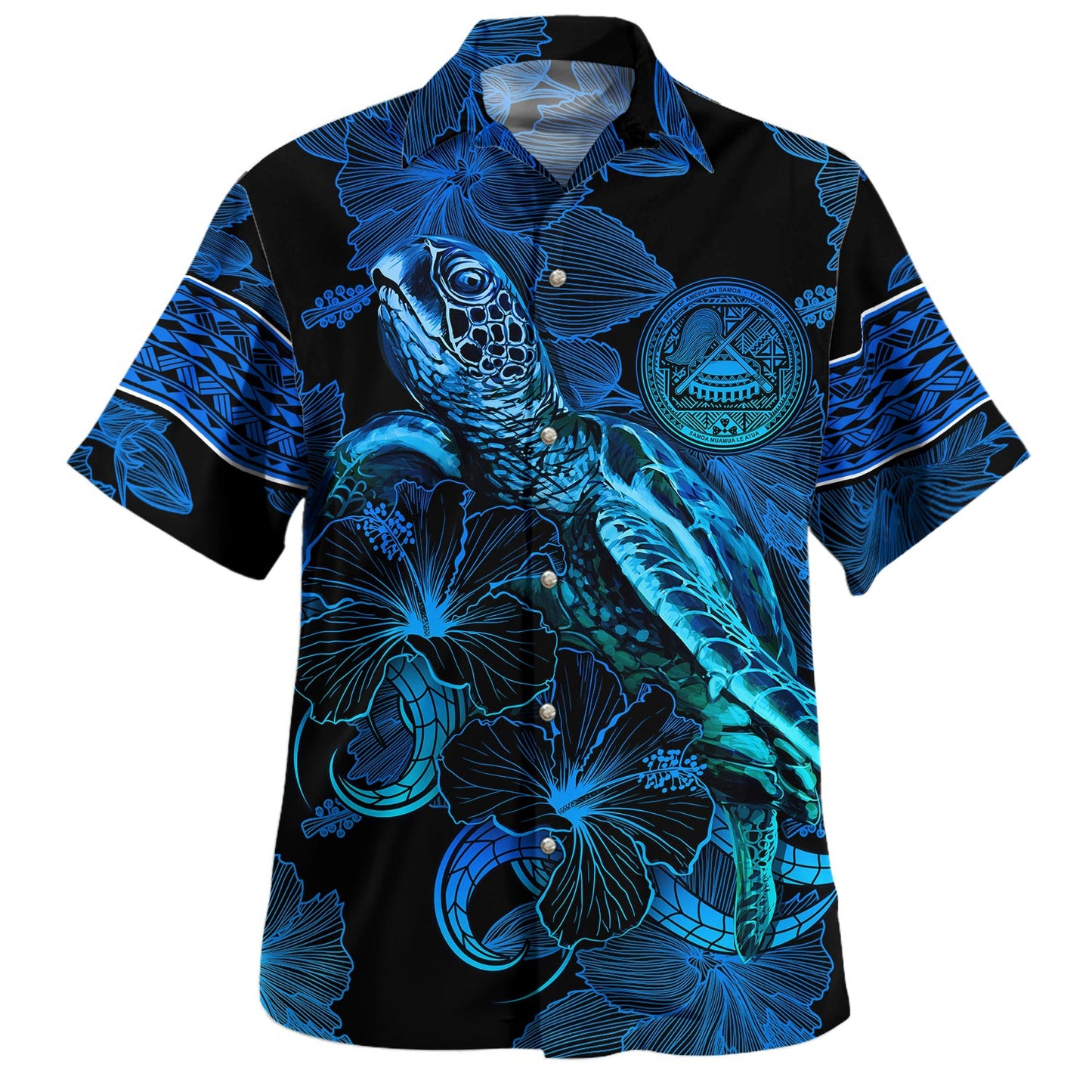 American Samoa Hawaiian Shirt Sea Turtle With Blooming Hibiscus Flowers Tribal Blue