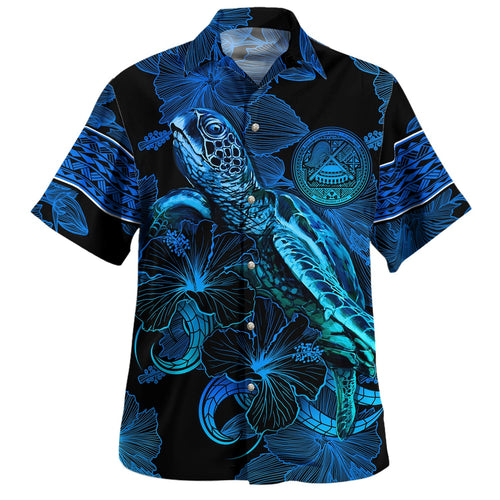 American Samoa Hawaiian Shirt Sea Turtle With Blooming Hibiscus Flowers Tribal Blue