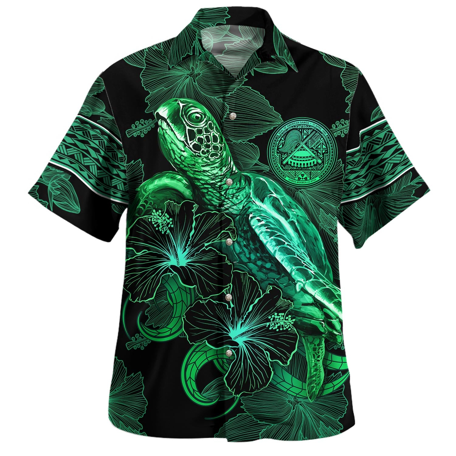 American Samoa Hawaiian Shirt  Sea Turtle With Blooming Hibiscus Flowers Tribal Green