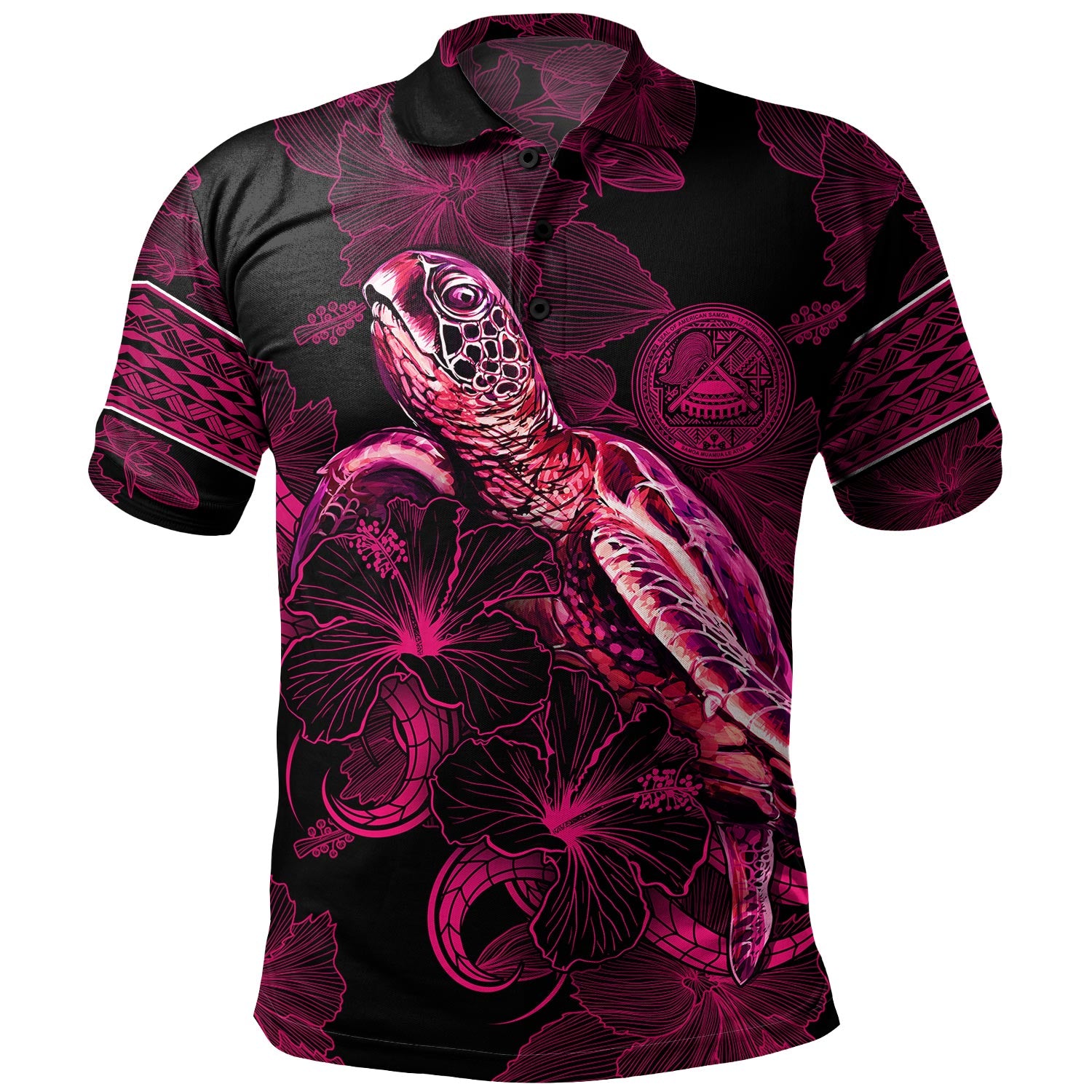 American Samoa Polo Shirt Sea Turtle With Blooming Hibiscus Flowers Tribal Maroon