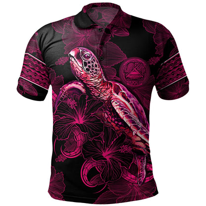 American Samoa Polo Shirt Sea Turtle With Blooming Hibiscus Flowers Tribal Maroon
