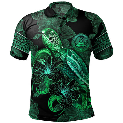 American Samoa Polo Shirt  Sea Turtle With Blooming Hibiscus Flowers Tribal Green