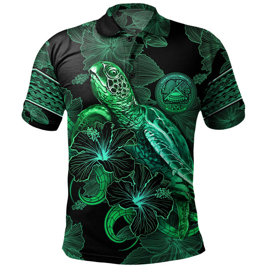 American Samoa Polo Shirt  Sea Turtle With Blooming Hibiscus Flowers Tribal Green