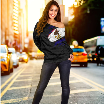 American Samoa Off Shoulder Sweatshirt Tribal Polynesia Flag Crack Style