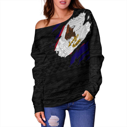 American Samoa Off Shoulder Sweatshirt Tribal Polynesia Flag Crack Style