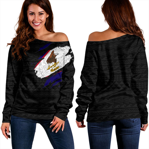 American Samoa Off Shoulder Sweatshirt Tribal Polynesia Flag Crack Style
