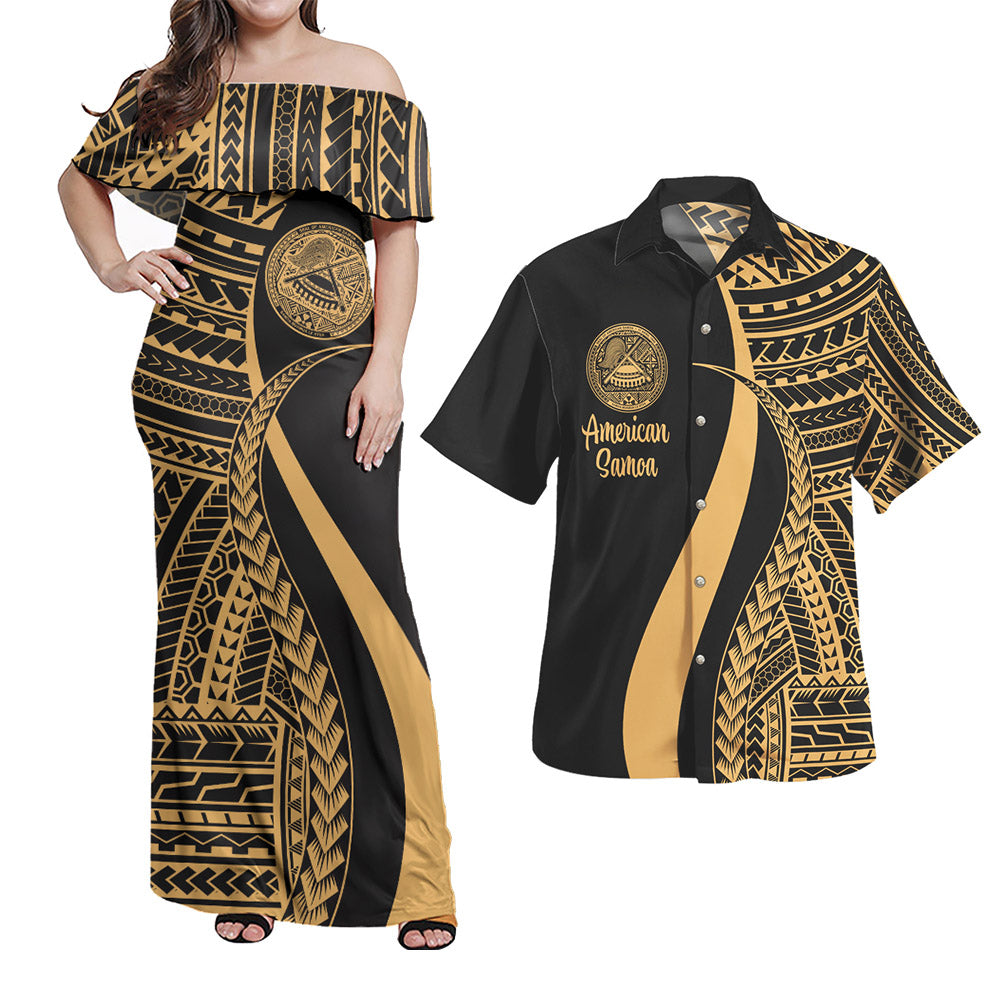 American Samoa Combo Dress And Shirt - Polynesian Tentacle Tribal Pattern Gold