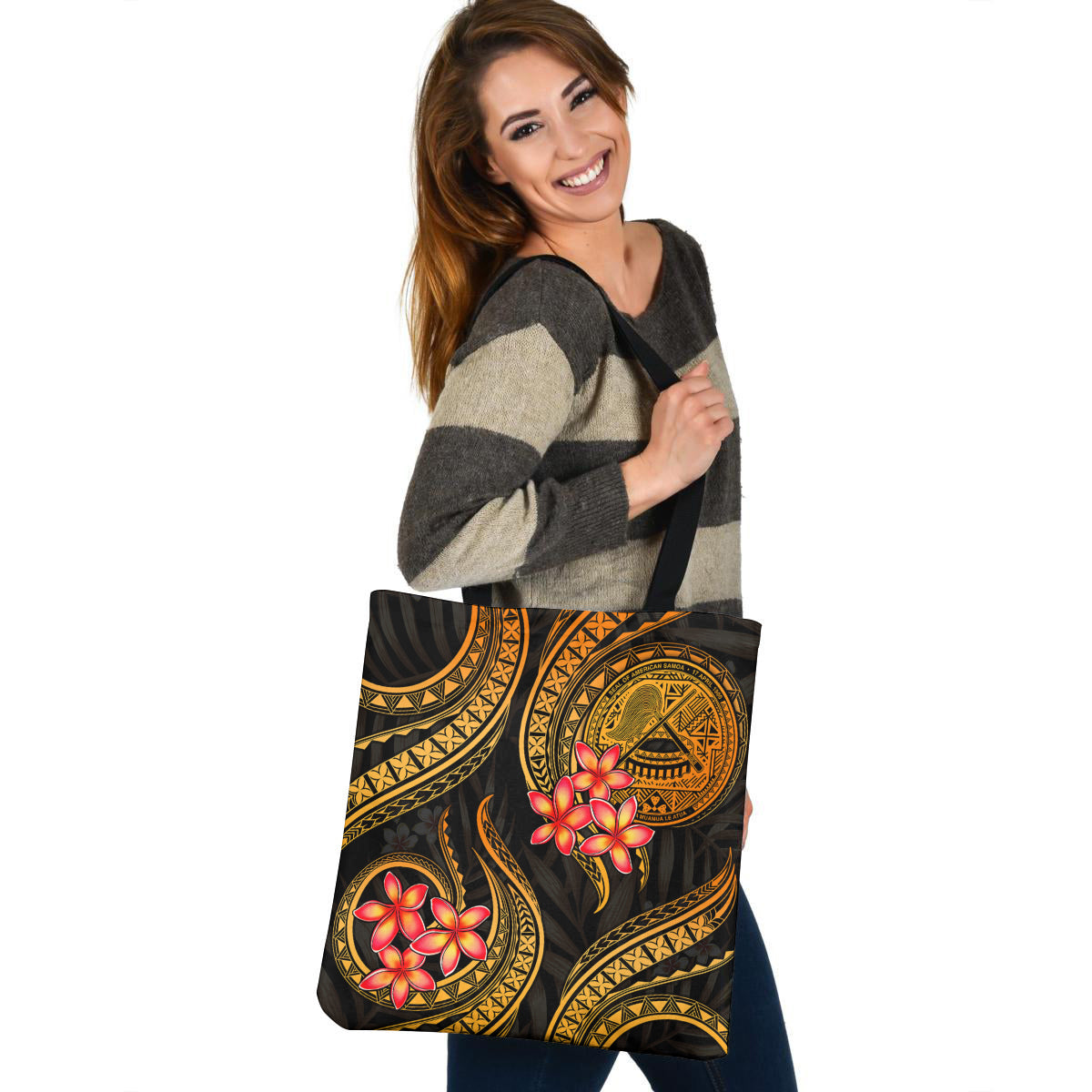 American Samoa Tote Bag Gold Polynesian Pattern Plumeria