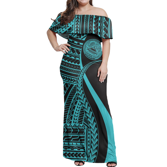 American Samoa Custom Personalised Woman Off Shoulder Long Dress Polynesian Tentacle Tribal Pattern