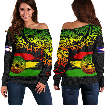 American Samoa Off Shoulder Sweatshirt Tribal Polynesian Grunge Reggae