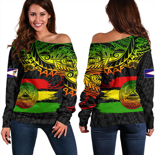 American Samoa Off Shoulder Sweatshirt Tribal Polynesian Grunge Reggae