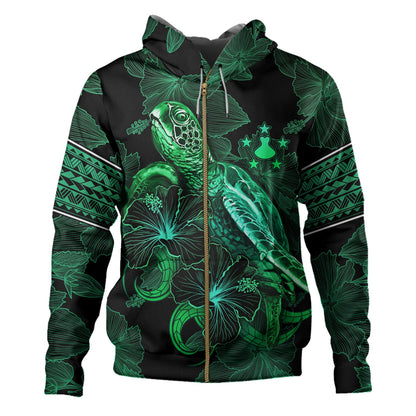 Austral Islands Hoodie  Sea Turtle With Blooming Hibiscus Flowers Tribal Green