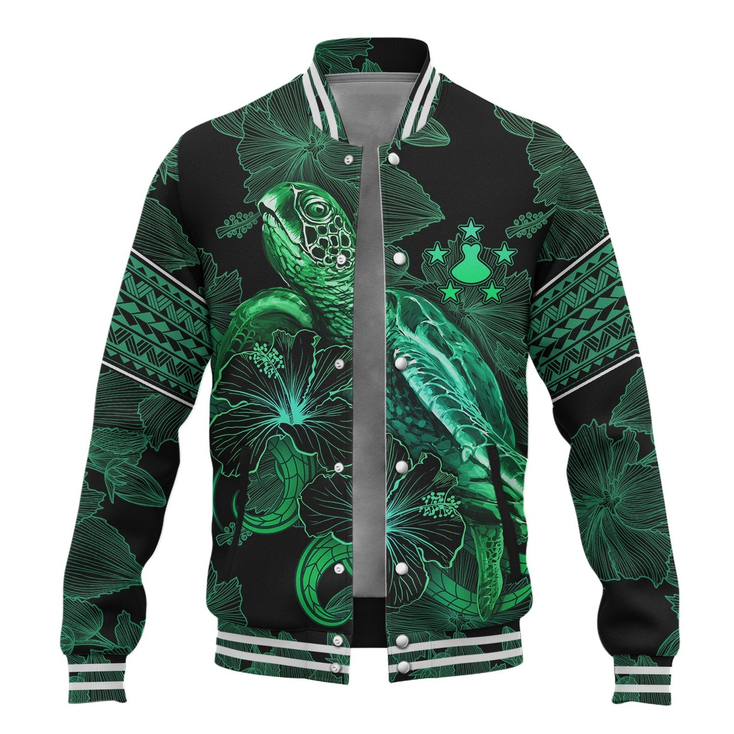 Austral Islands Baseball Jacket  Sea Turtle With Blooming Hibiscus Flowers Tribal Green