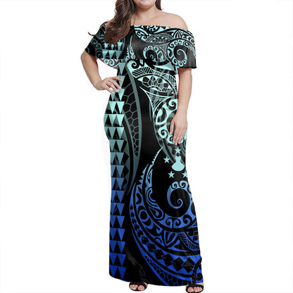Austral Islands Combo Dress And Shirt Kakau Style Gradient Blue