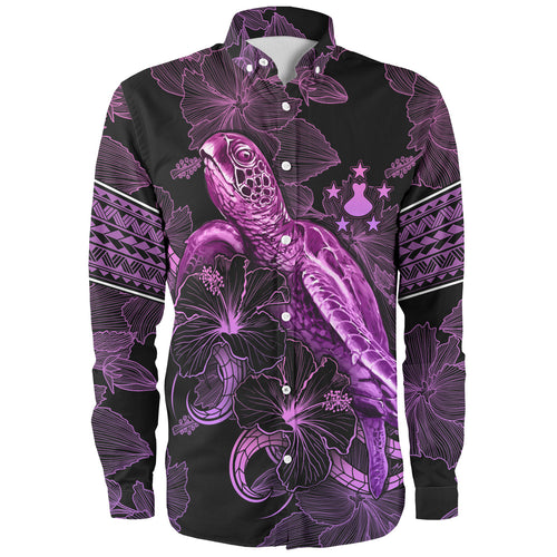 Austral Islands Long Sleeve Shirt Sea Turtle With Blooming Hibiscus Flowers Tribal Purple