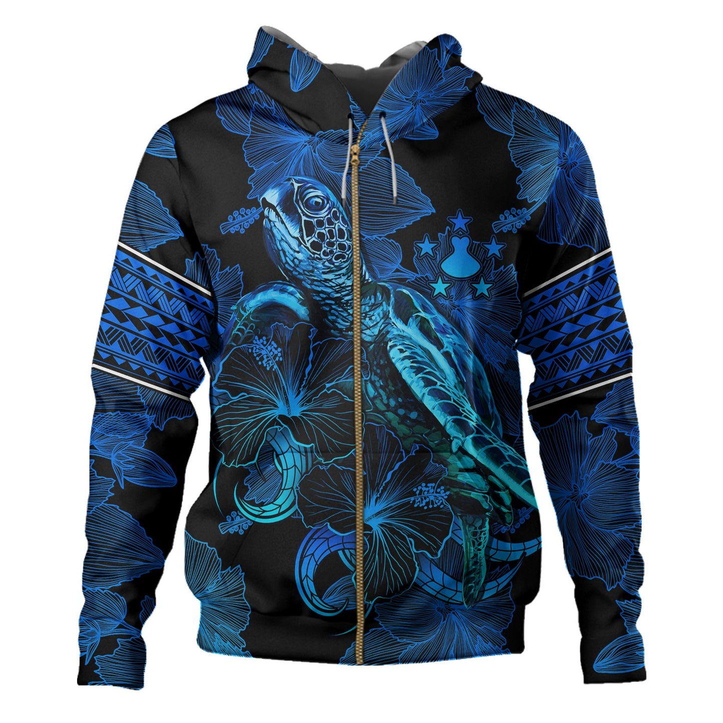 Austral Islands Hoodie Sea Turtle With Blooming Hibiscus Flowers Tribal Blue