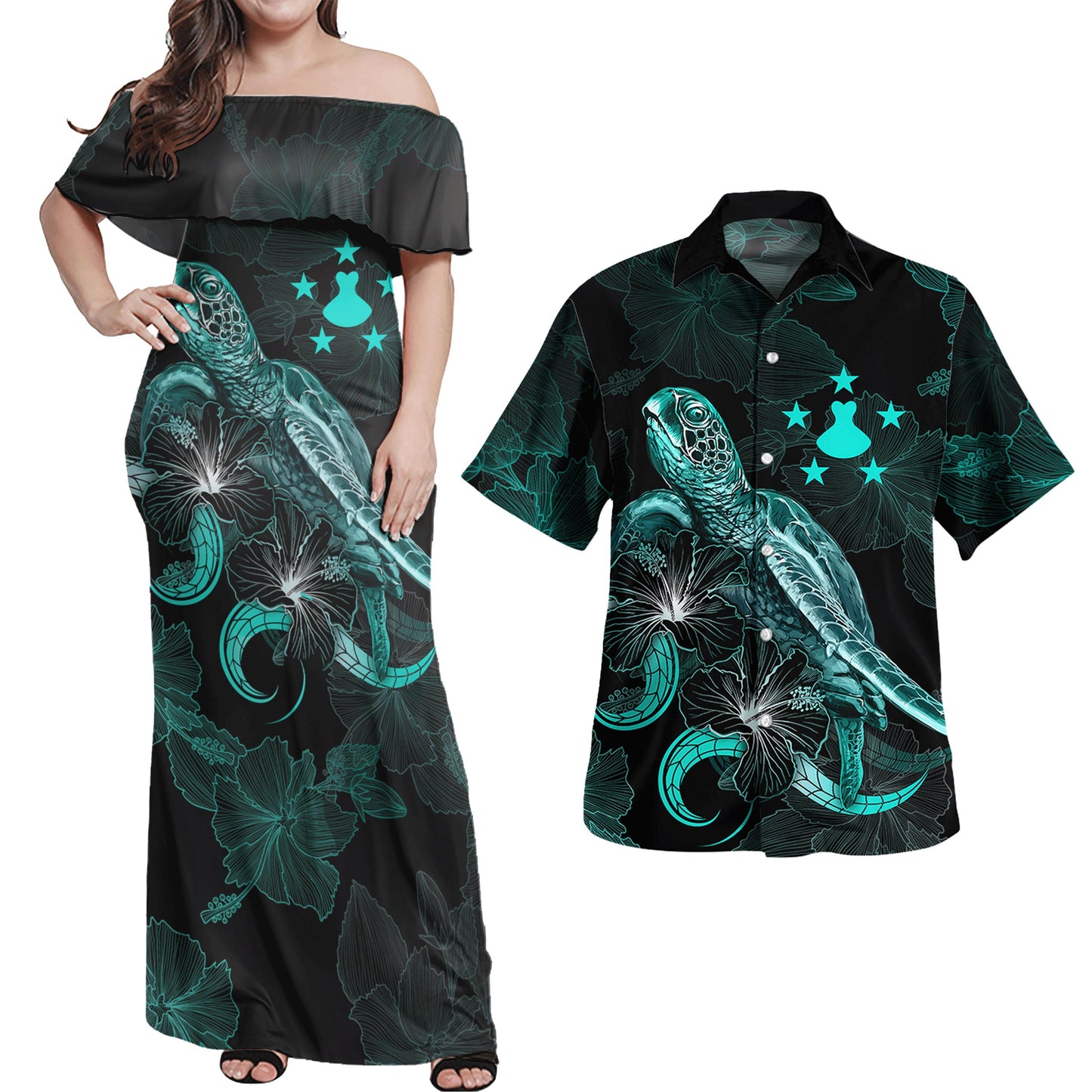 Austral Islands Combo Dress And Shirt - Austral Islands Coat Of Arms With Turtle Blooming Hibiscus Turquoise