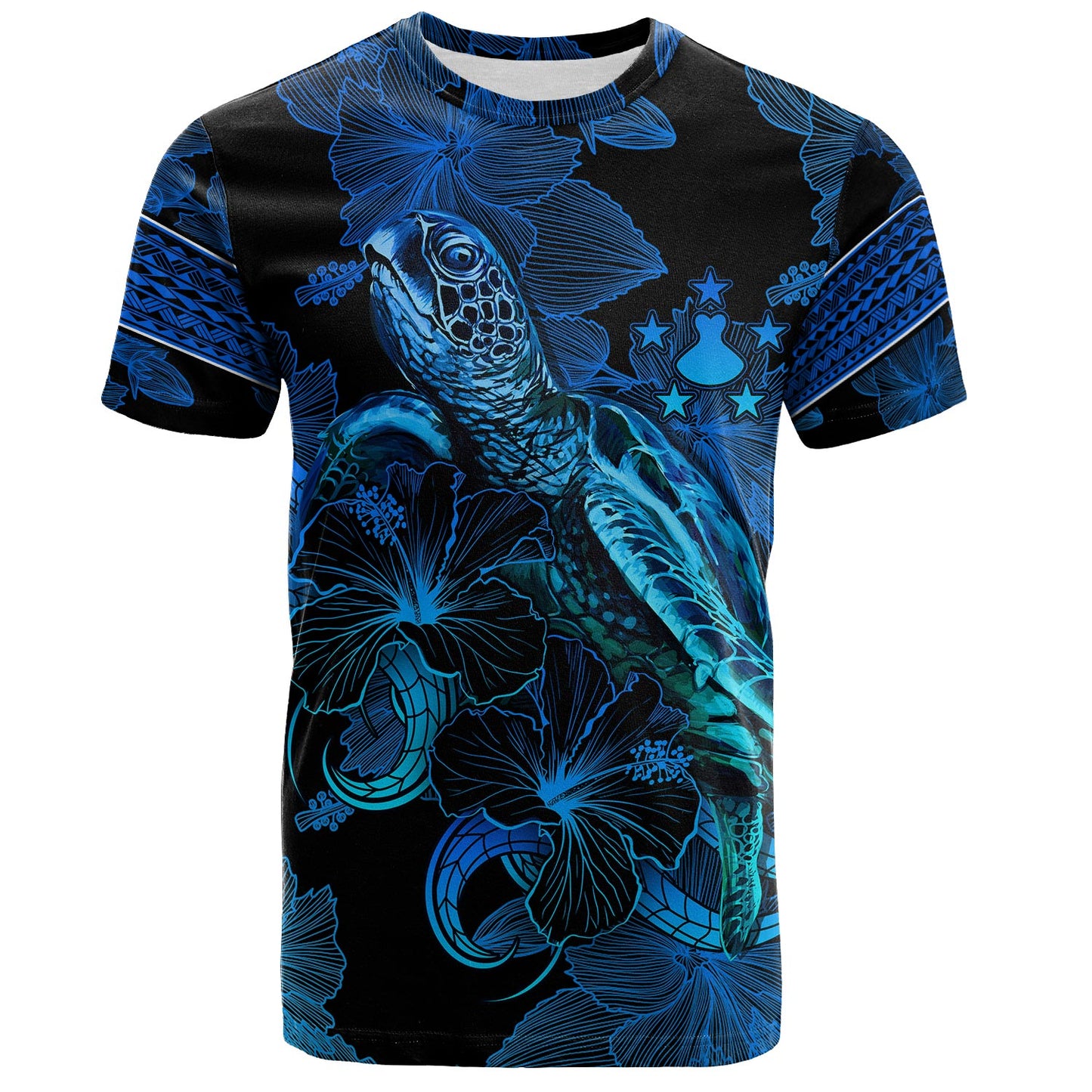 Austral Islands T-Shirt Sea Turtle With Blooming Hibiscus Flowers Tribal Blue