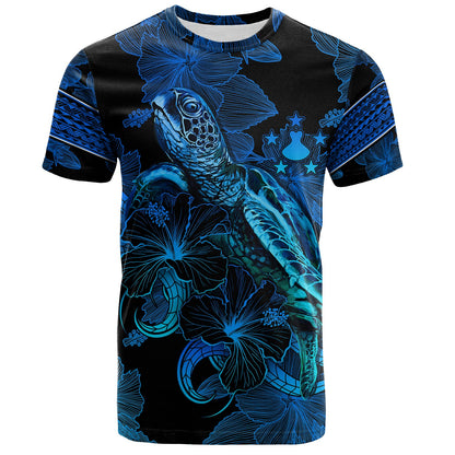 Austral Islands T-Shirt Sea Turtle With Blooming Hibiscus Flowers Tribal Blue