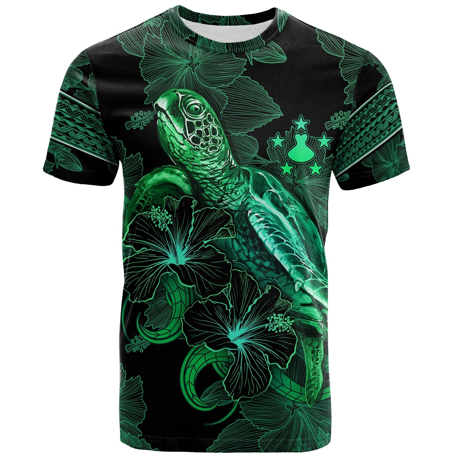 Austral Islands T-Shirt  Sea Turtle With Blooming Hibiscus Flowers Tribal Green