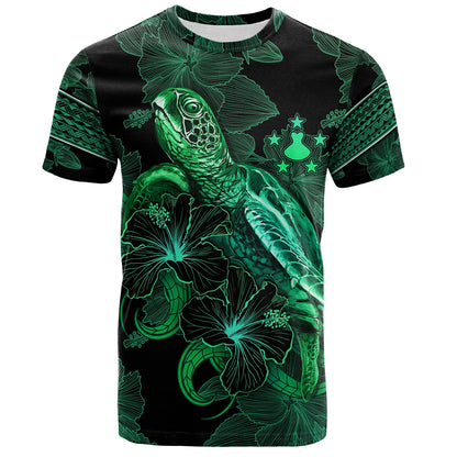Austral Islands T-Shirt  Sea Turtle With Blooming Hibiscus Flowers Tribal Green
