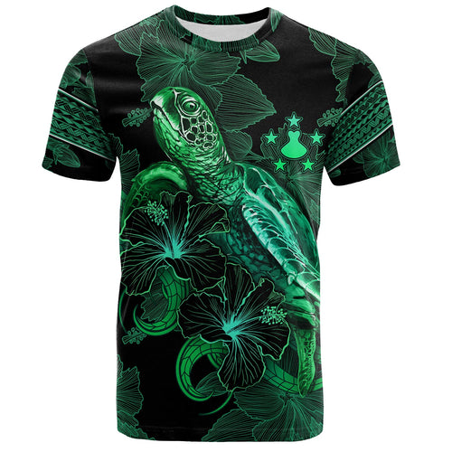 Austral Islands T-Shirt  Sea Turtle With Blooming Hibiscus Flowers Tribal Green