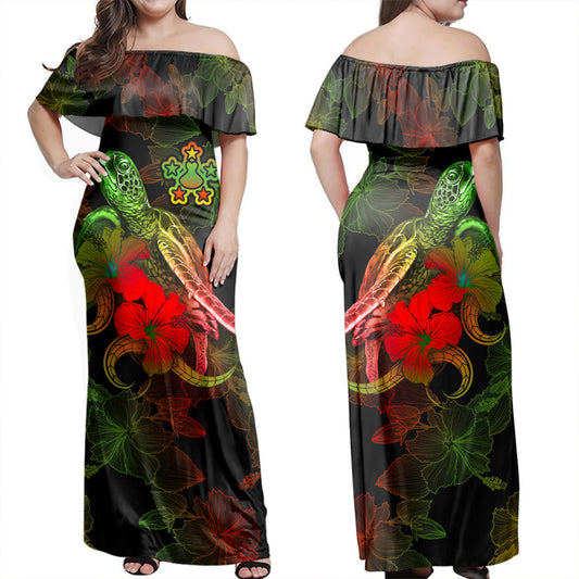 Austral Islands Woman Off Shoulder Long Dress - Sea Turtle With Blooming Hibiscus Flowers Reggae