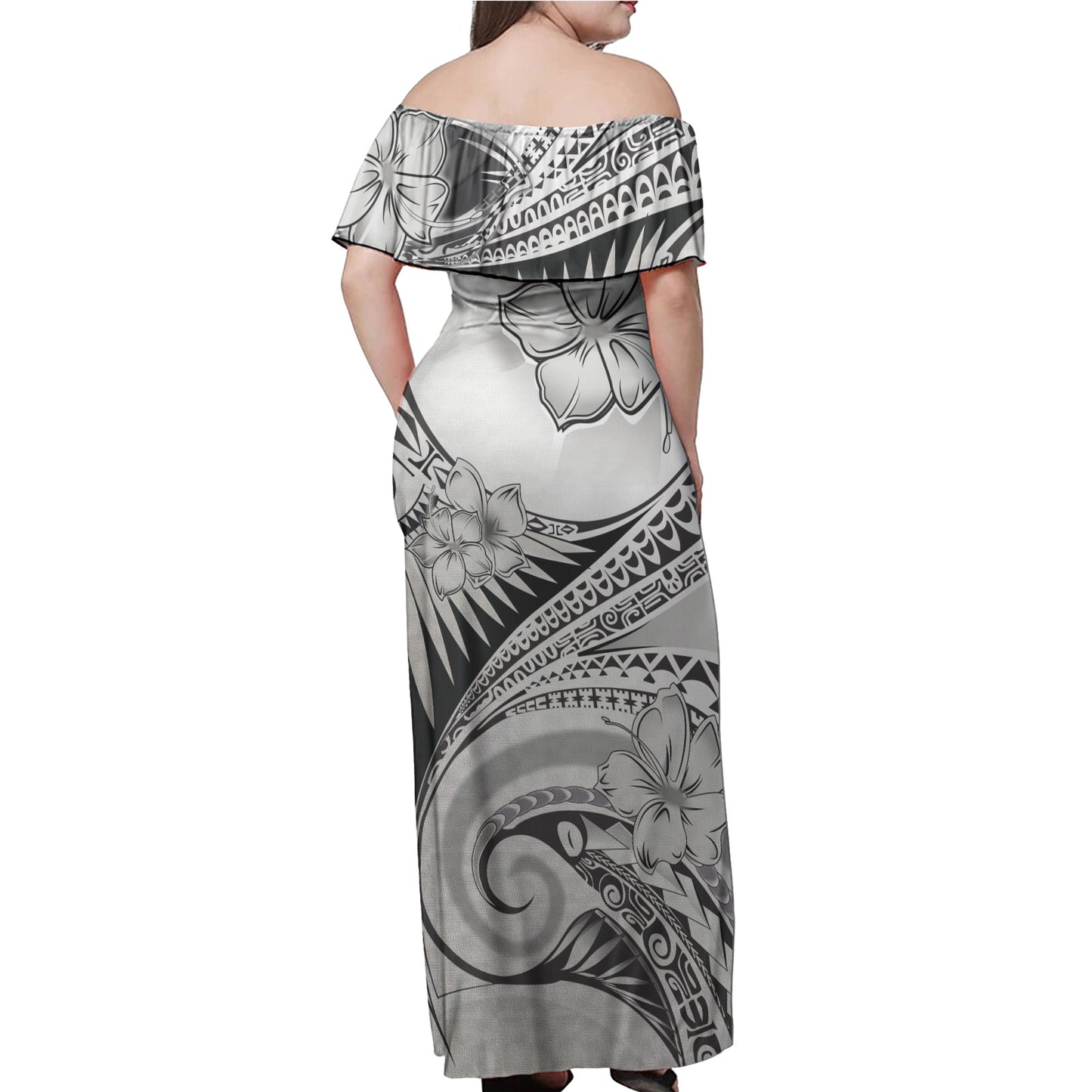 American Samoa Combo Off Shoulder Long Dress And Shirt Polynesian Tribal Waves Patterns Hibiscus Flowers