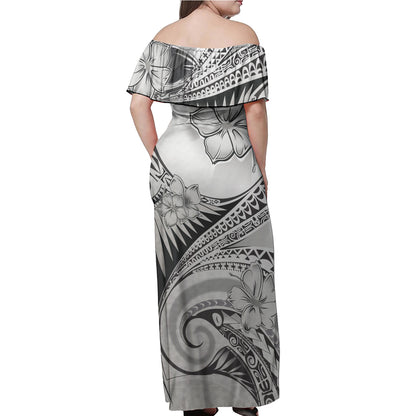 American Samoa Combo Off Shoulder Long Dress And Shirt Polynesian Tribal Waves Patterns Hibiscus Flowers