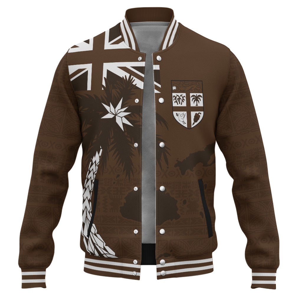 Fiji Baseball Jacket Coat Of Arms Flag Islands Brown Tapa Style