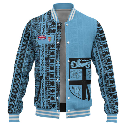 Fiji Baseball Jacket Fijian Flag National Crest Masi Tribal Heritage