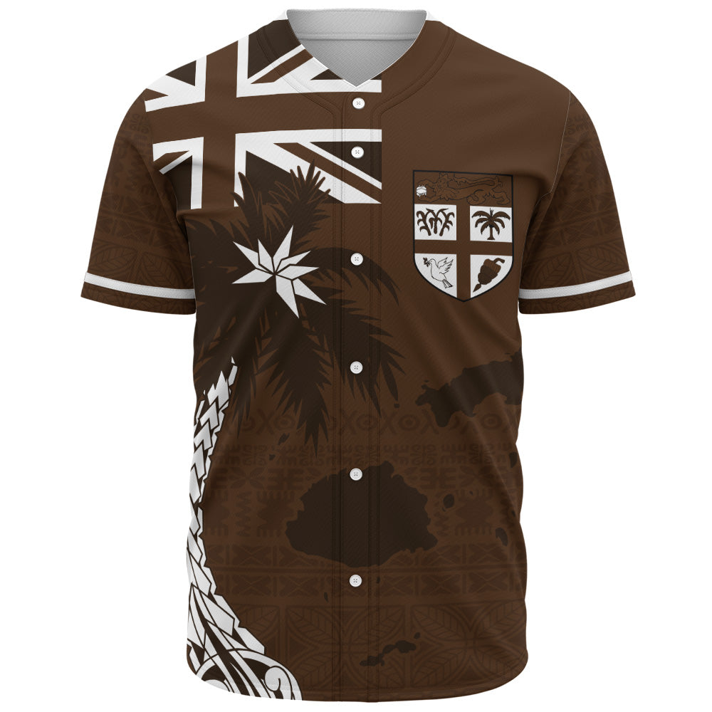 Fiji Baseball Shirt Coat Of Arms Flag Islands Brown Tapa Style