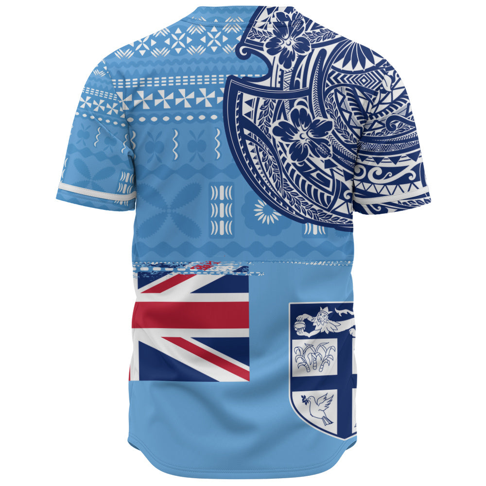 Fiji Baseball Shirt Ocean Blue Tribal Shield Pride