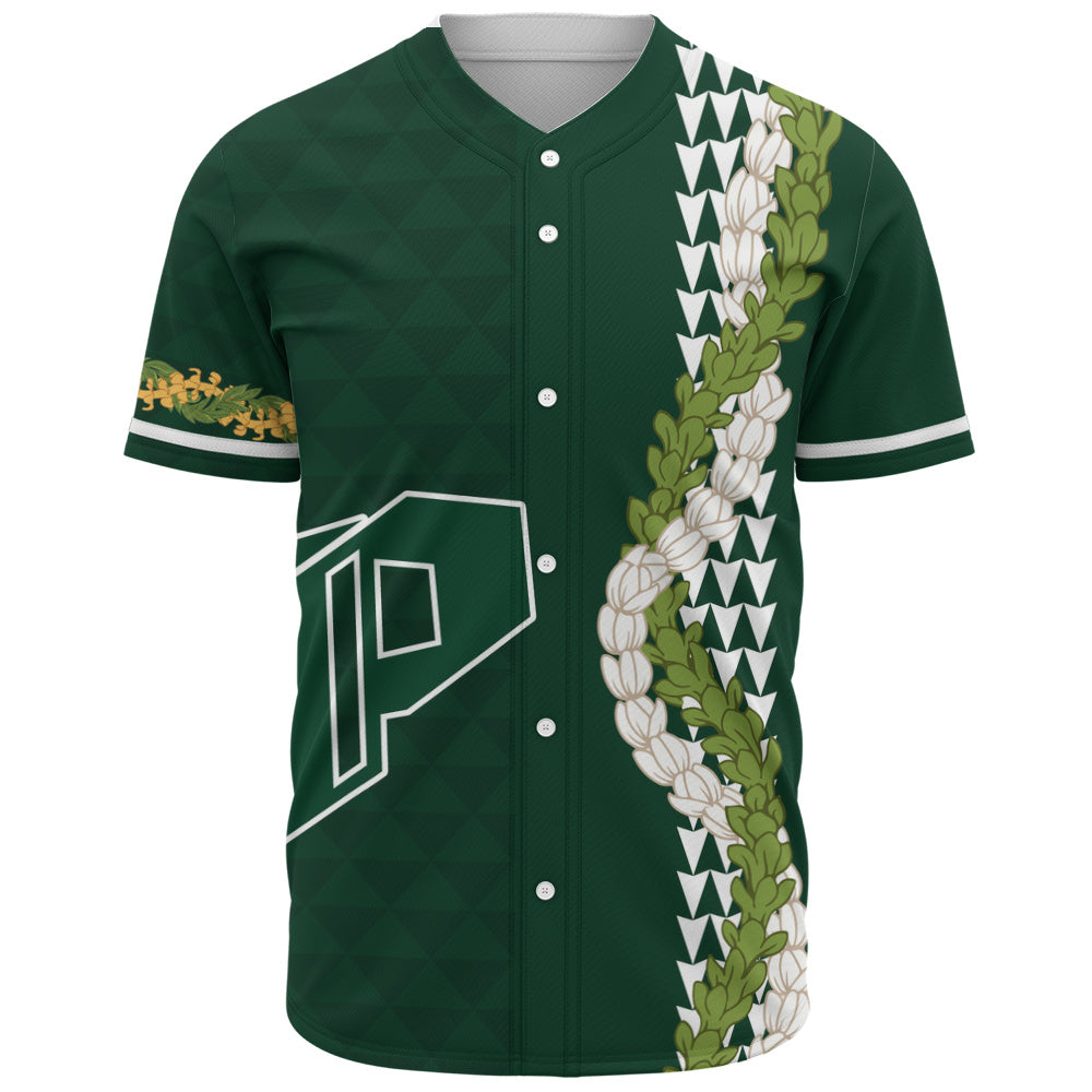 Pahoa High and Intermediate School Baseball Shirt Puakenikeni Maile Flower Lei
