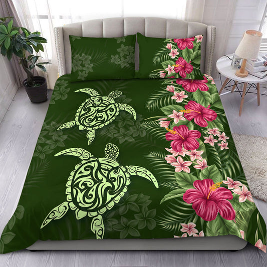 Hawaii Bedding Set Polynesian Sea Turtle Hibiscus Tropical Style