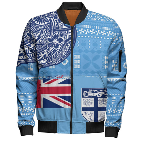Fiji Bomber Jacket Ocean Blue Tribal Shield Pride