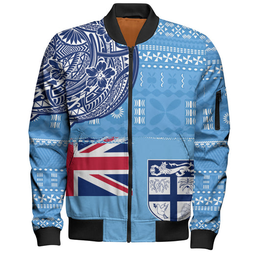 Fiji Bomber Jacket Ocean Blue Tribal Shield Pride